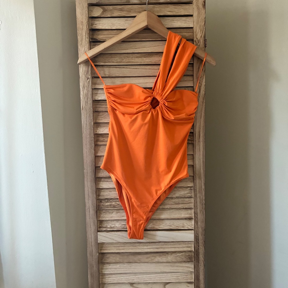 Zara Orange One Shoulder Cutout Ruched Bodysuit Small